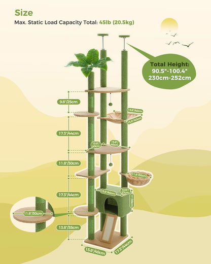 Cactus Cat Tree Floor to Ceiling Tower Sisal Scratching Post,Hammock