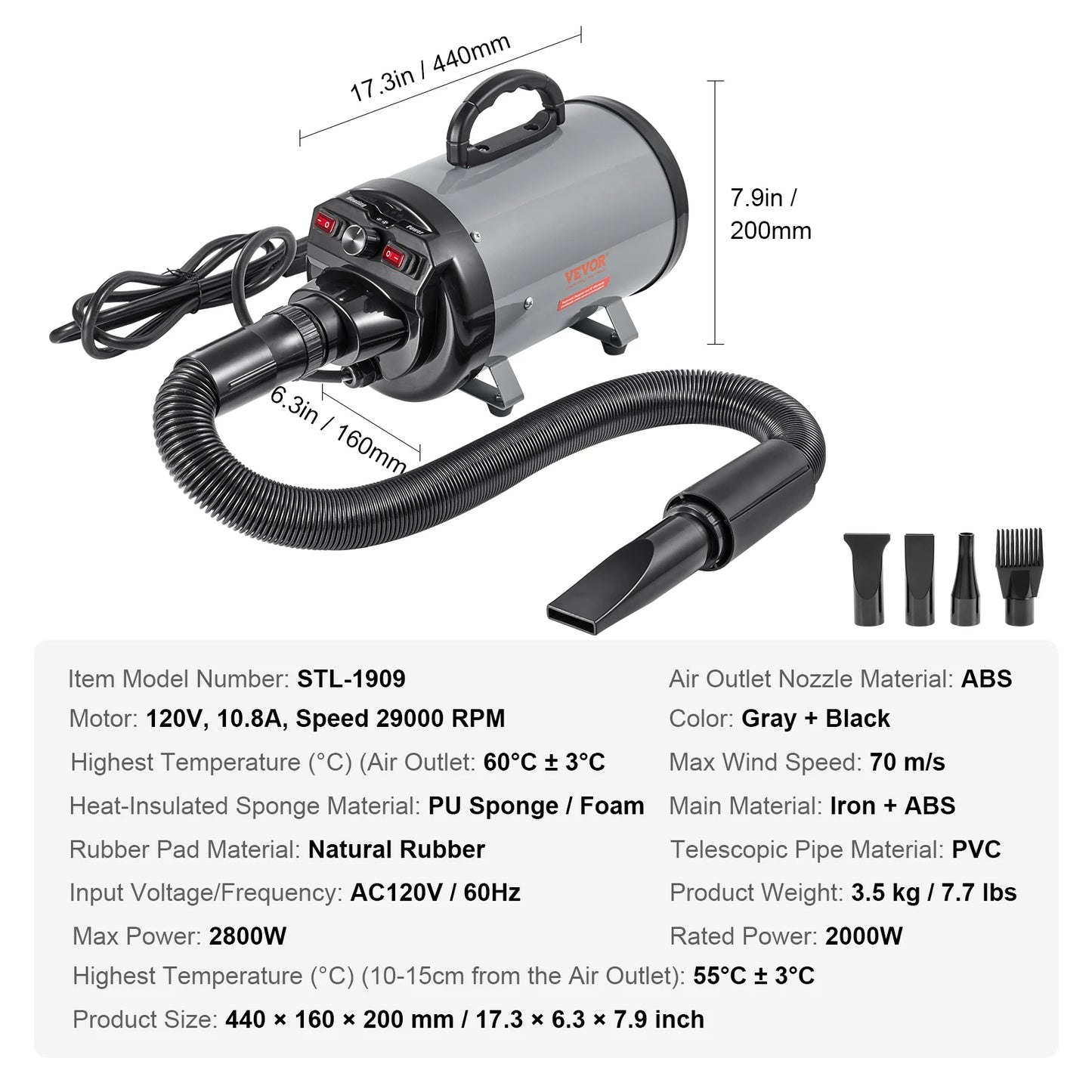 Dog Blow Dryer Adjustable Speed Temperature Control