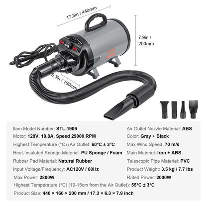 Dog Blow Dryer Adjustable Speed Temperature Control