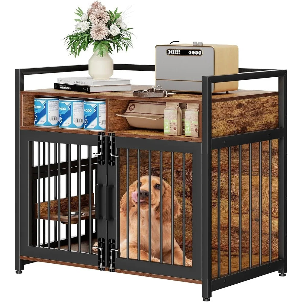 Large Dog Crate Furniture, Drawers Storage Cabinet 2 Bowls