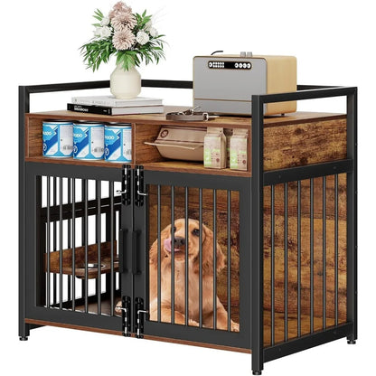 Large Dog Crate Furniture, Drawers Storage Cabinet 2 Bowls