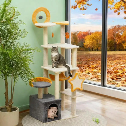 63" Moon & Star Tower with Multi-Level Playspaces & Scratching Posts
