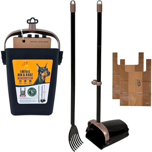 Pooper Scooper Swivel Bin & Rake Black