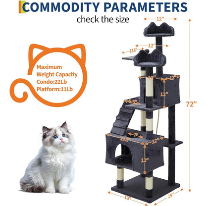 74" Tall Cat Tree Heavy Duty Multi-Level Anti-Tip