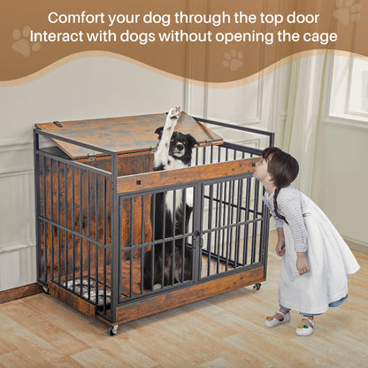 Dog Crate Indoor Heavy Duty w/ Wheels Flip Top 43.7 x 30 x 37.8 in