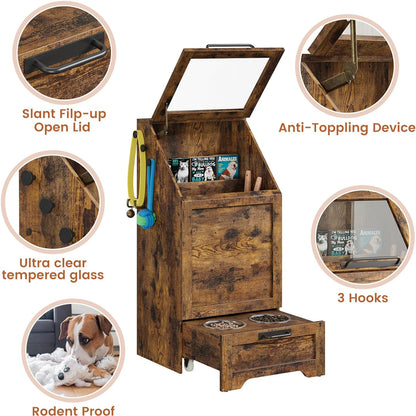 Dog Feeding Station With 2 Elevated Bowls Flip Top Food Storage Cabinet