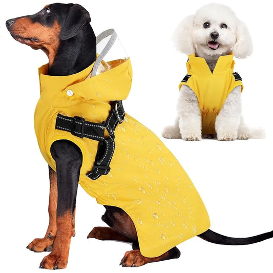 Dog Raincoat with Harness Removable Hood Reflective Double Layer