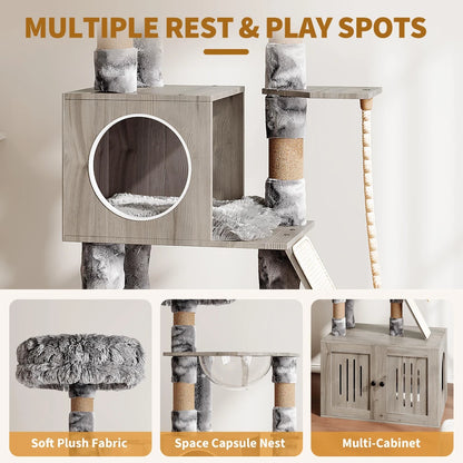 66.9" Modern Cat Tower With Storage Scratching Post Multi-Layer