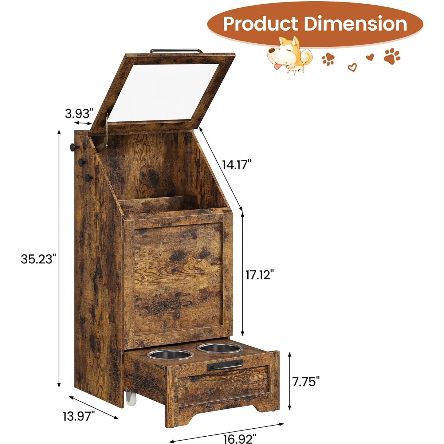 Dog Feeding Station With 2 Elevated Bowls Flip Top Food Storage Cabinet