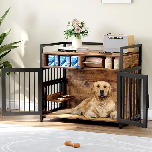 Large Dog Crate Furniture, Drawers Storage Cabinet 2 Bowls