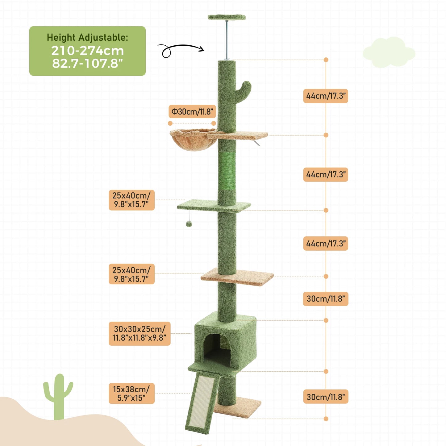 Cactus Cat Tree Floor to Ceiling Tower Sisal Scratching Post,Hammock