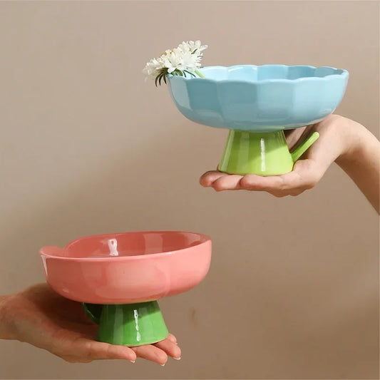 Cat Raised Ceramic Bowl Cute Flower Elevated