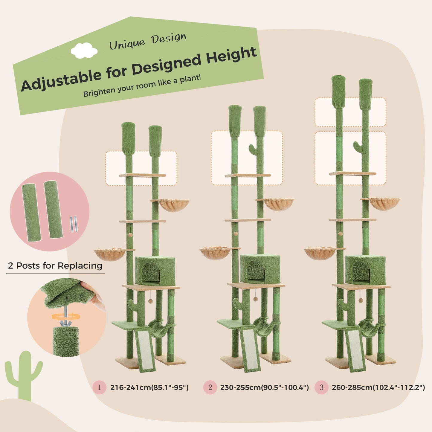 Cactus Cat Tree Floor to Ceiling Tower Sisal Scratching Post,Hammock