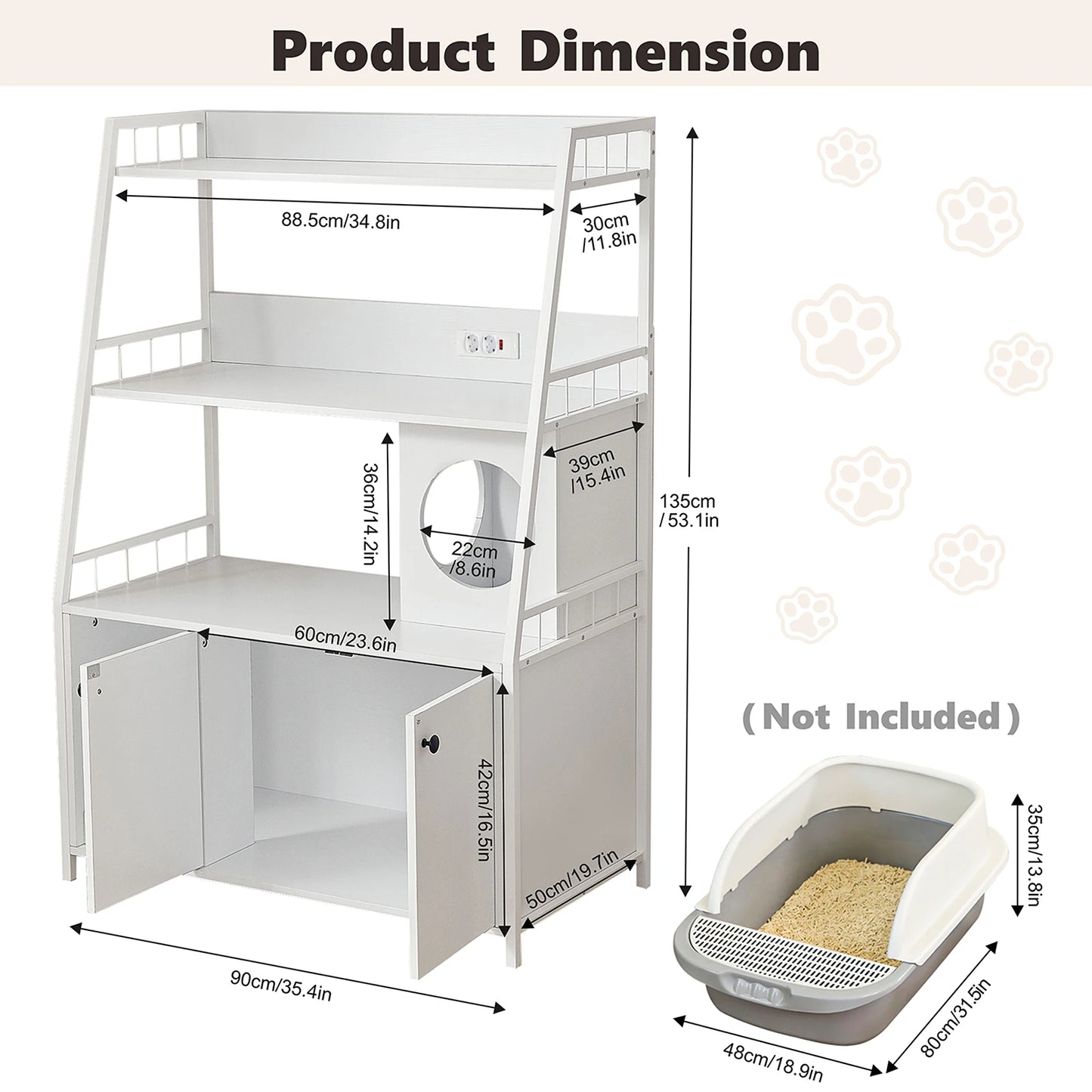 Cat Litter Box Enclosure w/ 3 Shelves and Doors