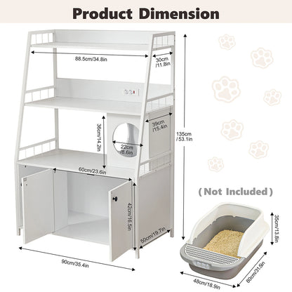 Cat Litter Box Enclosure w/ 3 Shelves and Doors