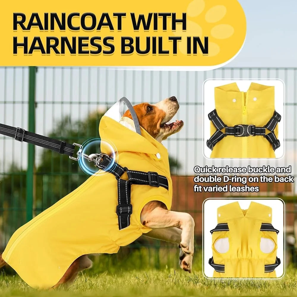 Dog Raincoat with Harness Removable Hood Reflective Double Layer
