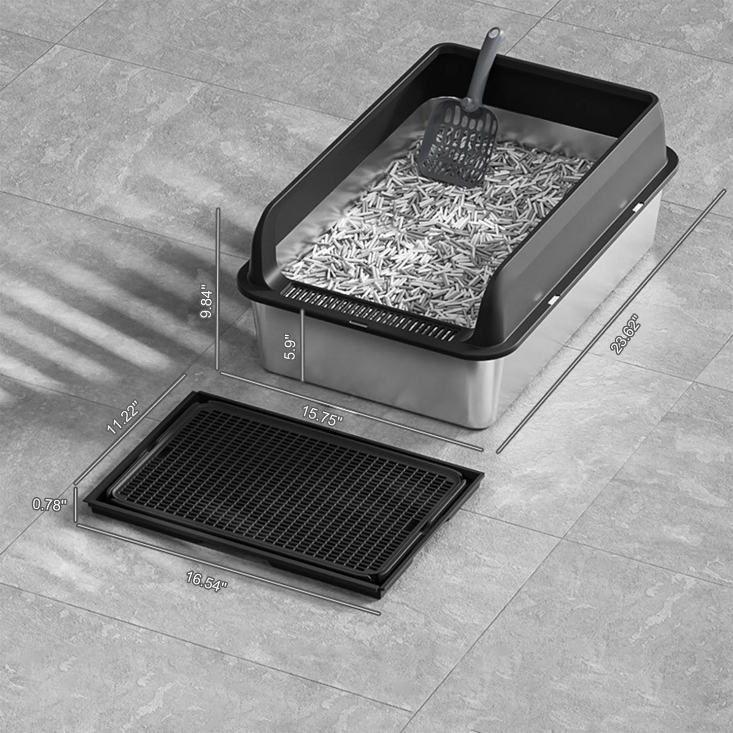 Stainless Steel Litter Box, Litter Mat, Scoop Included