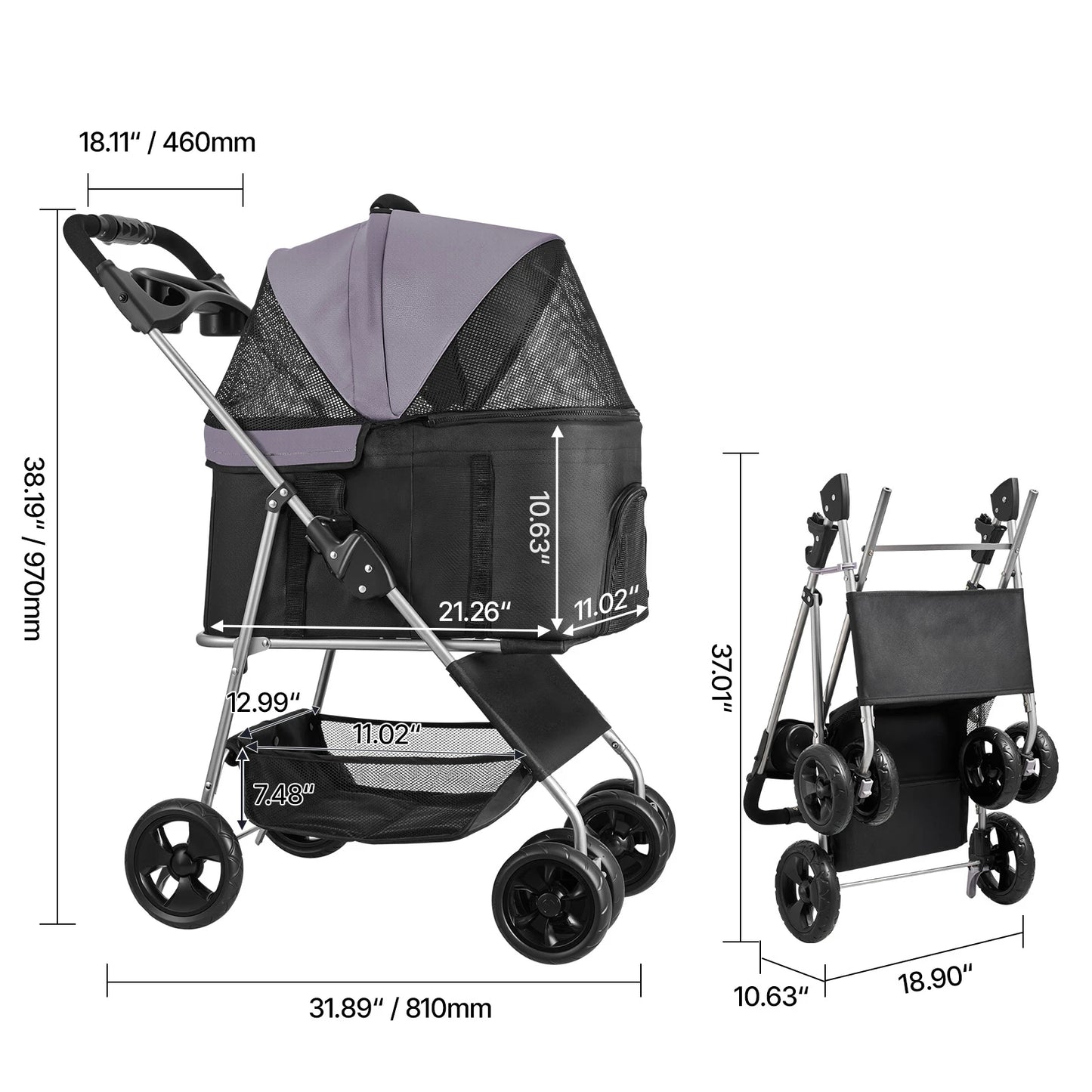 Pet Stroller/35 lbs Weight Capacity/Detachable Mesh Carrier