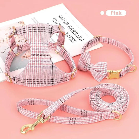 Small Dog Harness Collar Leash Adjustable Plaid