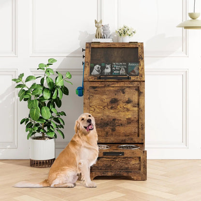 Dog Feeding Station With 2 Elevated Bowls Flip Top Food Storage Cabinet