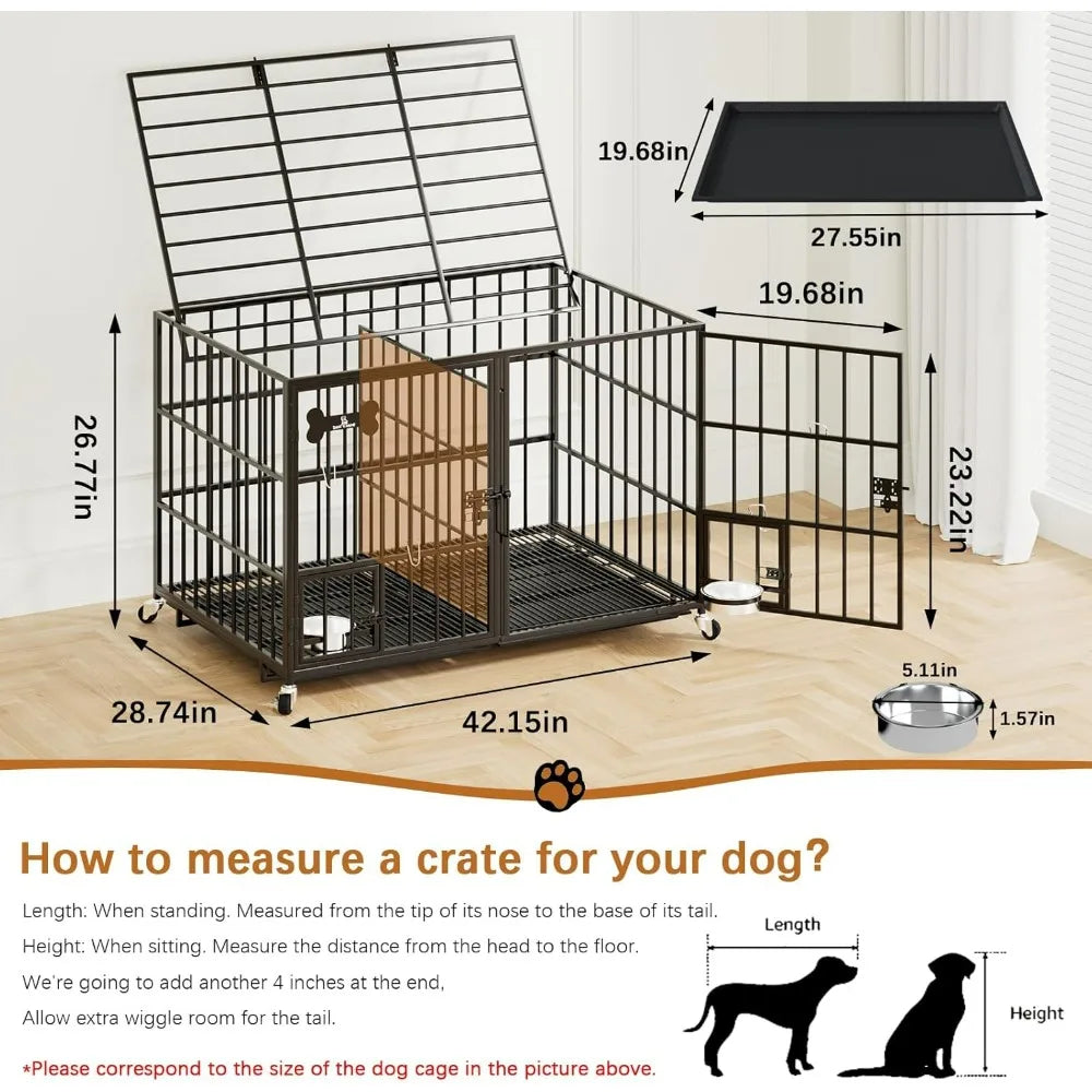 Indestructible Escape-Proof Dog Crate/Lockable Wheels/Slide-Out Tray