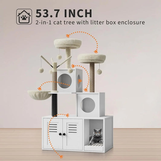 Litter Box Enclosure with Cat Tree Tower 2-in-1