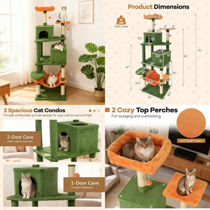 75" Tall Cat Tree, Multi-Level,Condos,Top Perch, Hammock