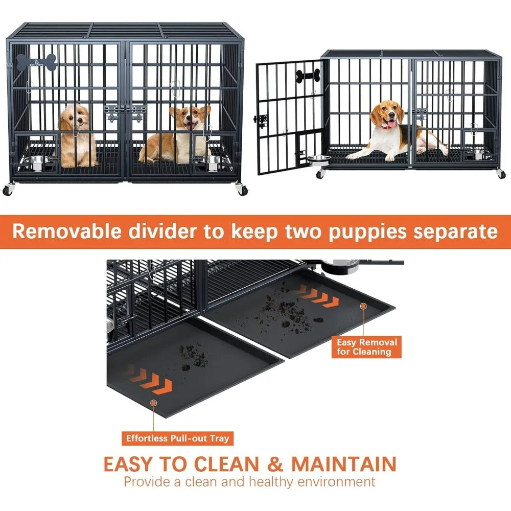 Indestructible Escape-Proof Dog Crate/Lockable Wheels/Slide-Out Tray