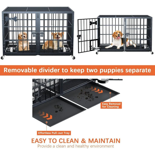 Indestructible Escape-Proof Dog Crate/Lockable Wheels/Slide-Out Tray