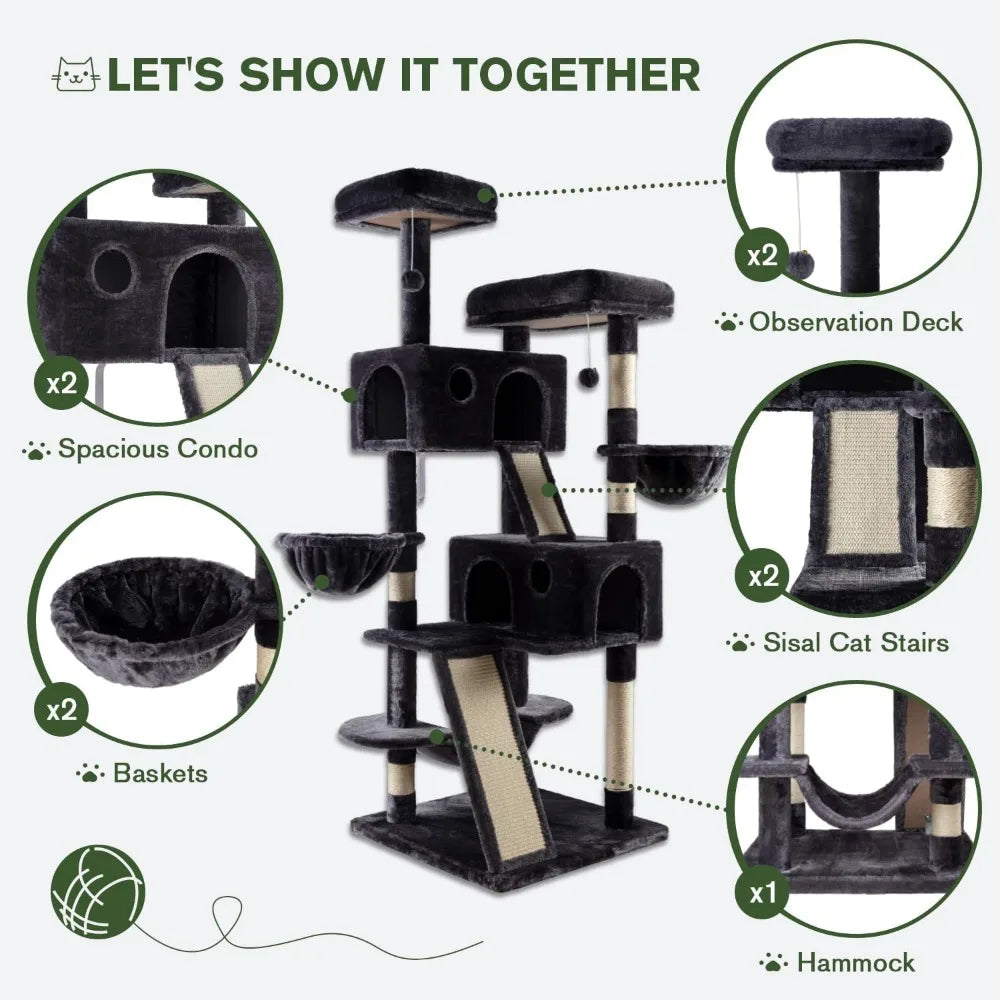 66 In Multi-Level Tower Plush Perches/Condo/Scratching Posts/Hammock