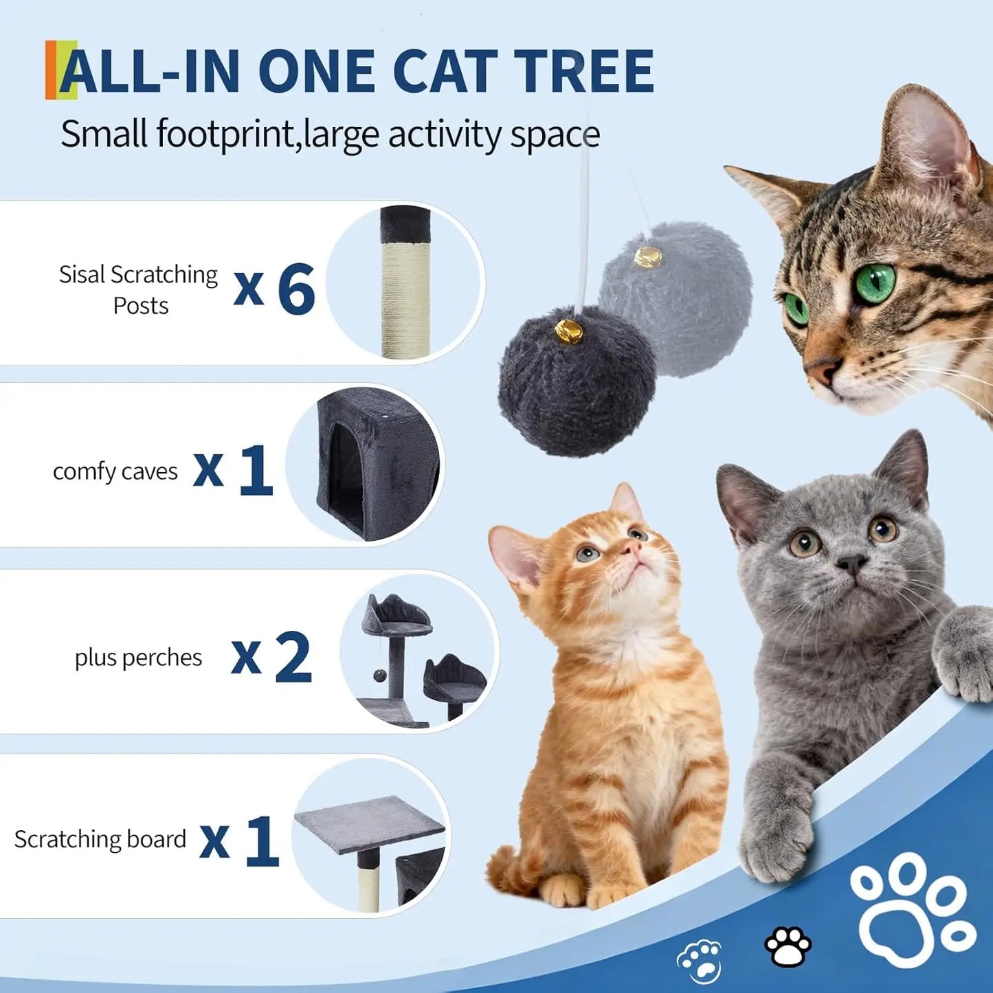 74" Tall Cat Tree Heavy Duty Multi-Level Anti-Tip