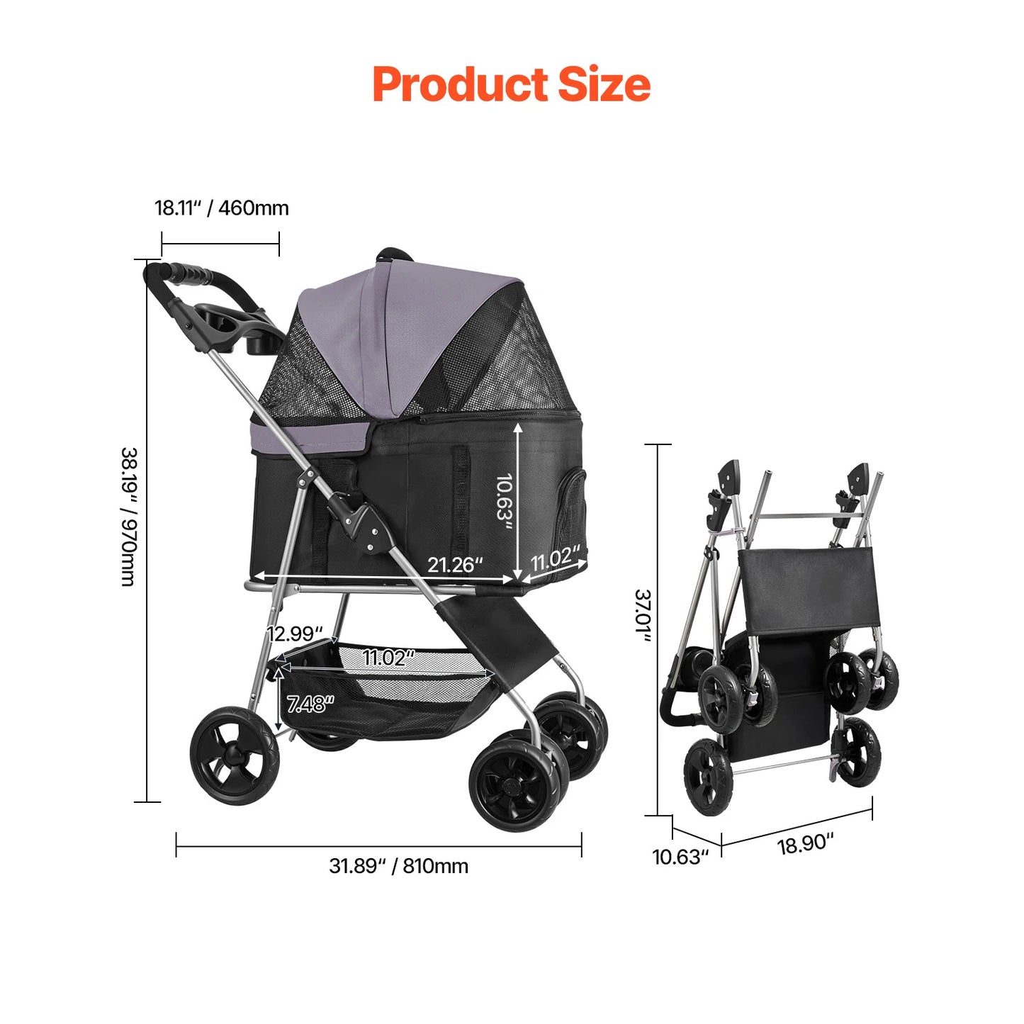 Pet Stroller/35 lbs Weight Capacity/Detachable Mesh Carrier