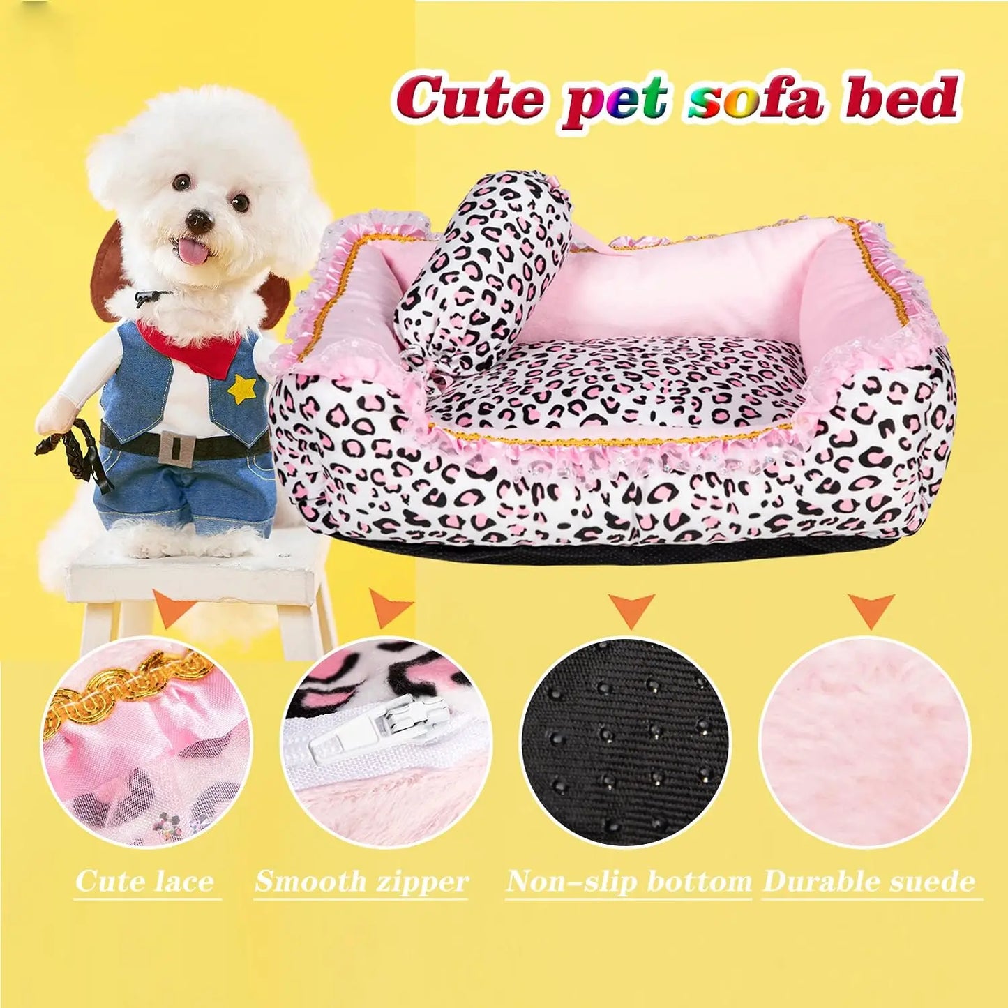 Pink Leopard Dog Bed Washable (M, 20.8'L x 18'W x 5.5')