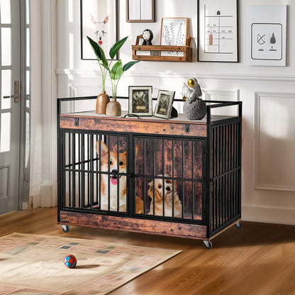 Dog Crate Indoor Heavy Duty w/ Wheels Flip Top 43.7 x 30 x 37.8 in