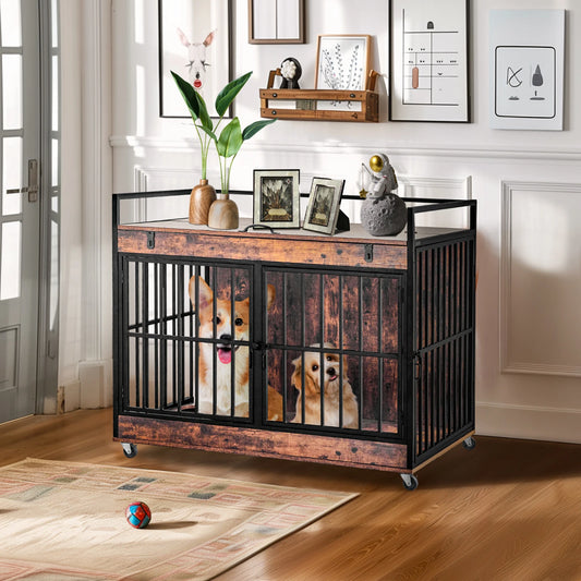 Dog Crate Indoor Heavy Duty w/ Wheels Flip Top 43.7 x 30 x 37.8 in