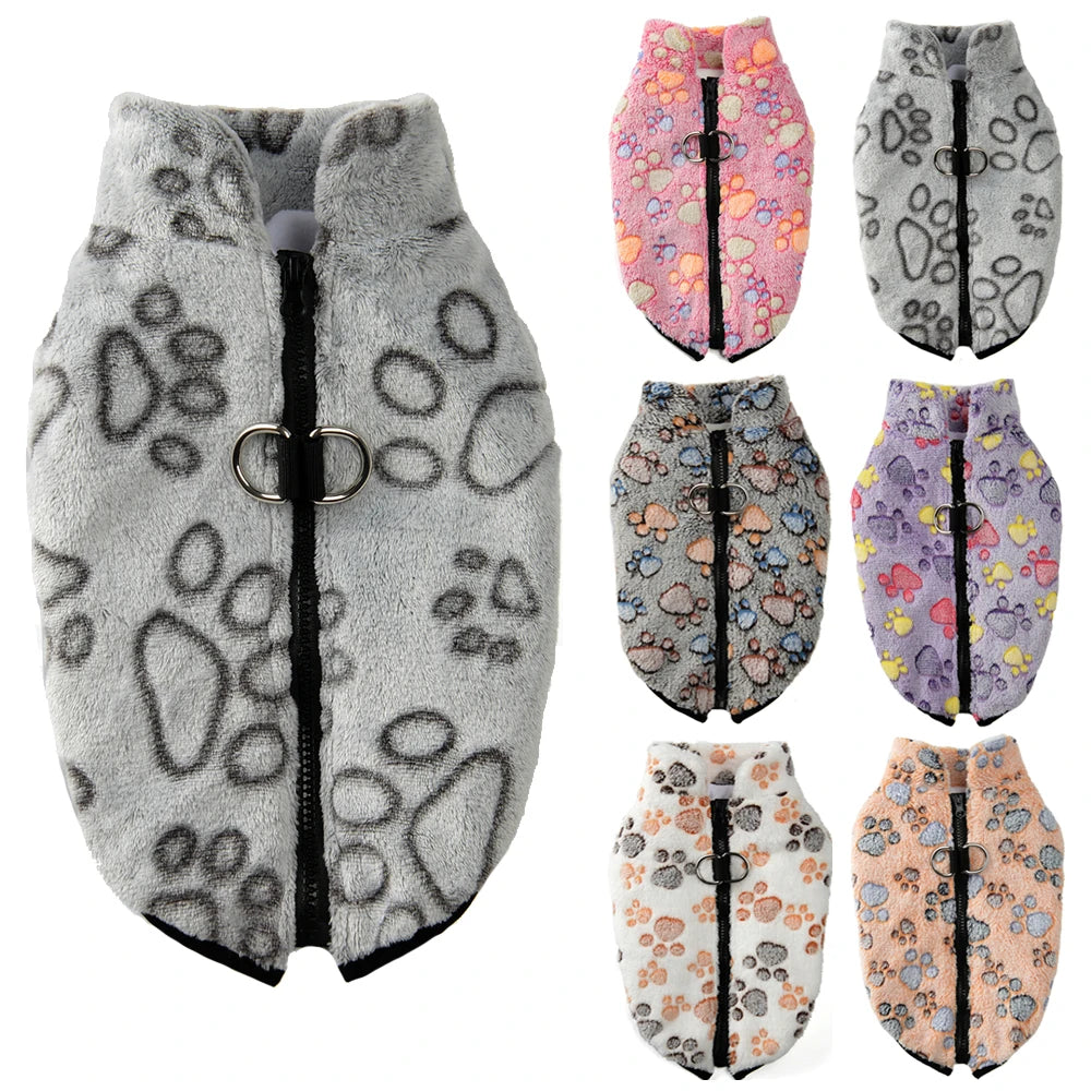 Dog Clothes Warm Paw Print Fleece Jacket