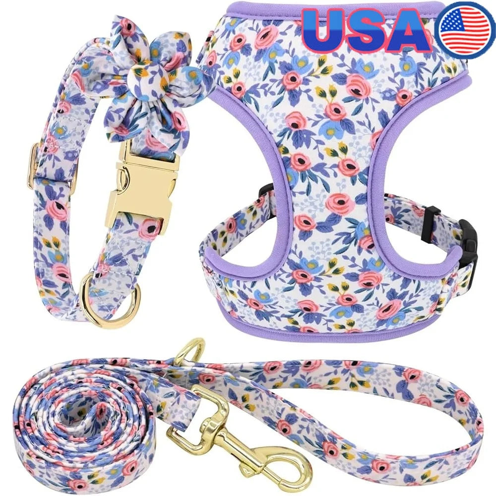 Cute Dog Harness Leash Collar Set Adjustable Floral
