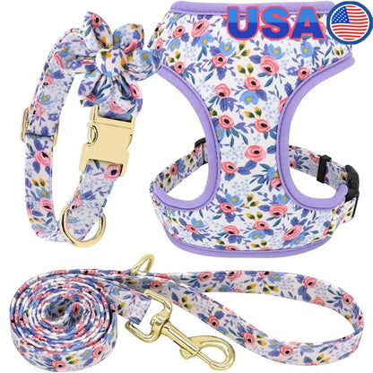 Cute Dog Harness Leash Collar Set Adjustable Floral