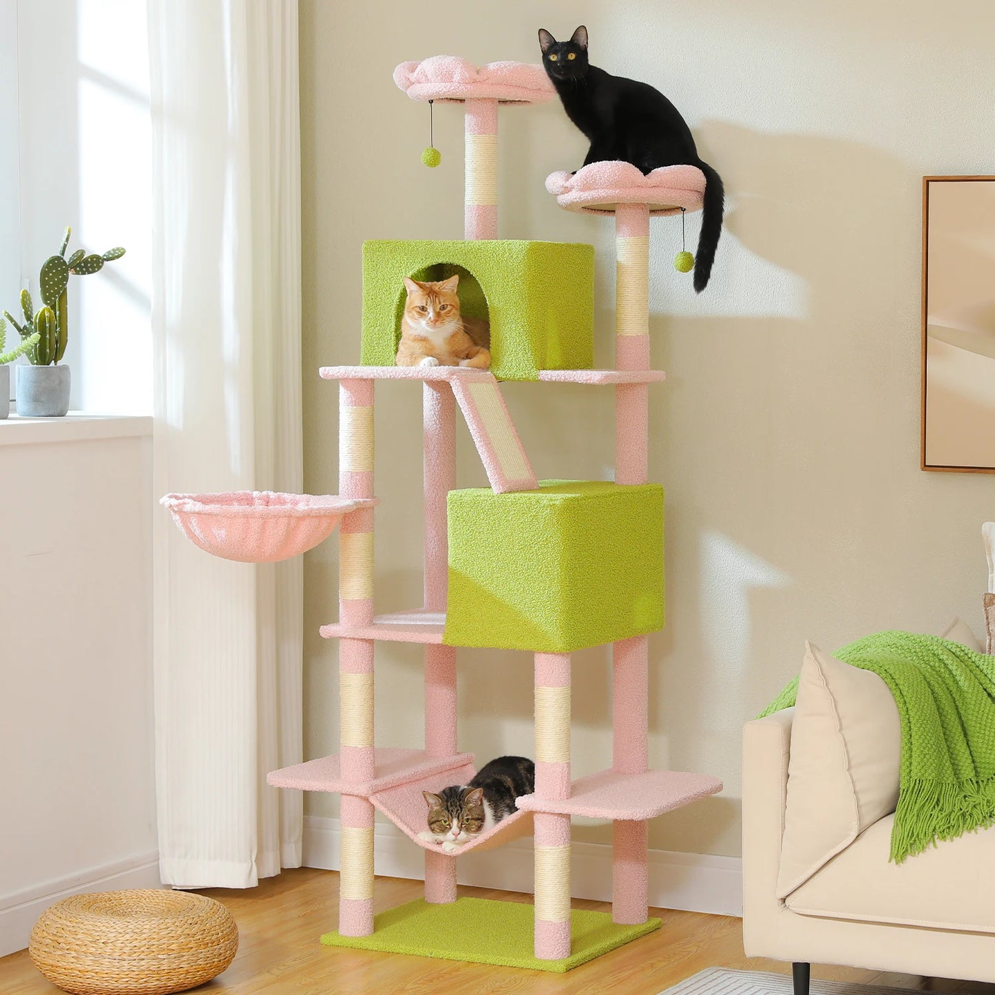 180cm Multi-Level Cat Tower, 9 Scratching Areas,Plush Hammock